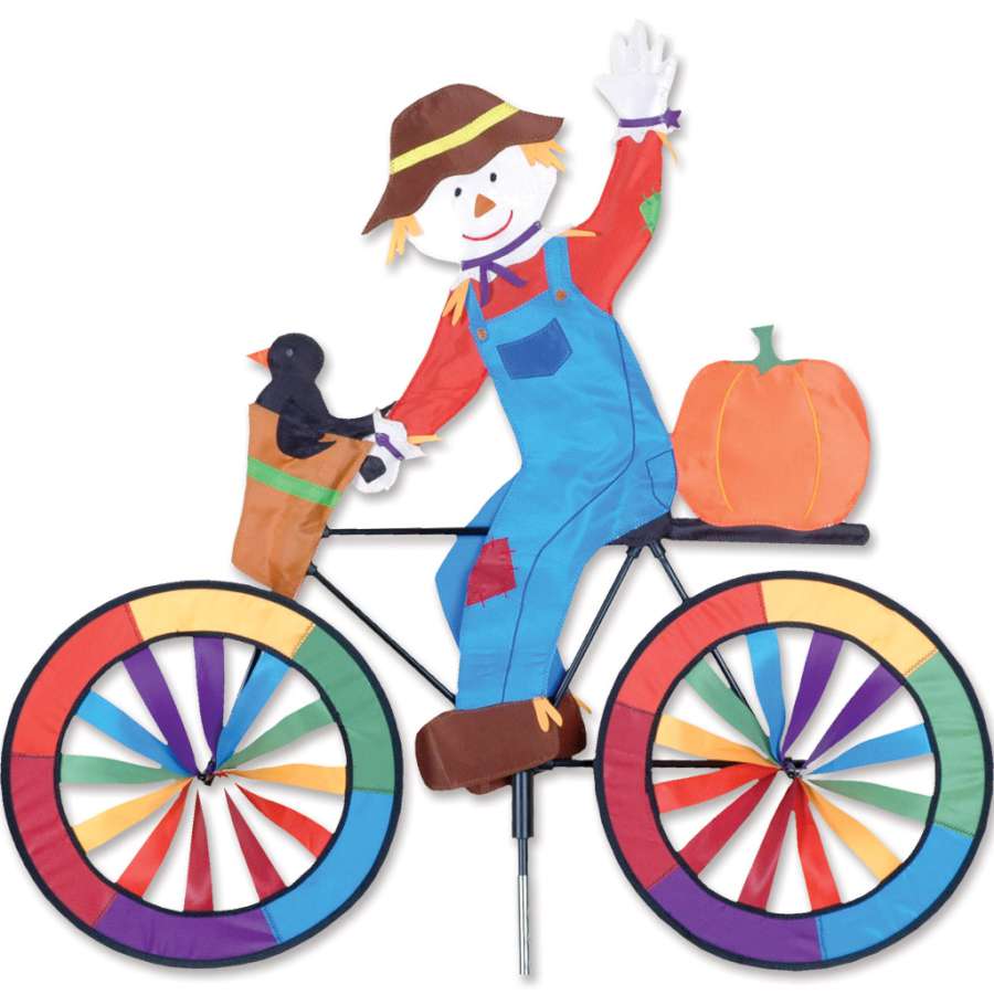 30 in. Bike Spinner - Scarecrow with colorful design spins in the wind, showcasing a whimsical scarecrow against a sunny outdoor backdrop.