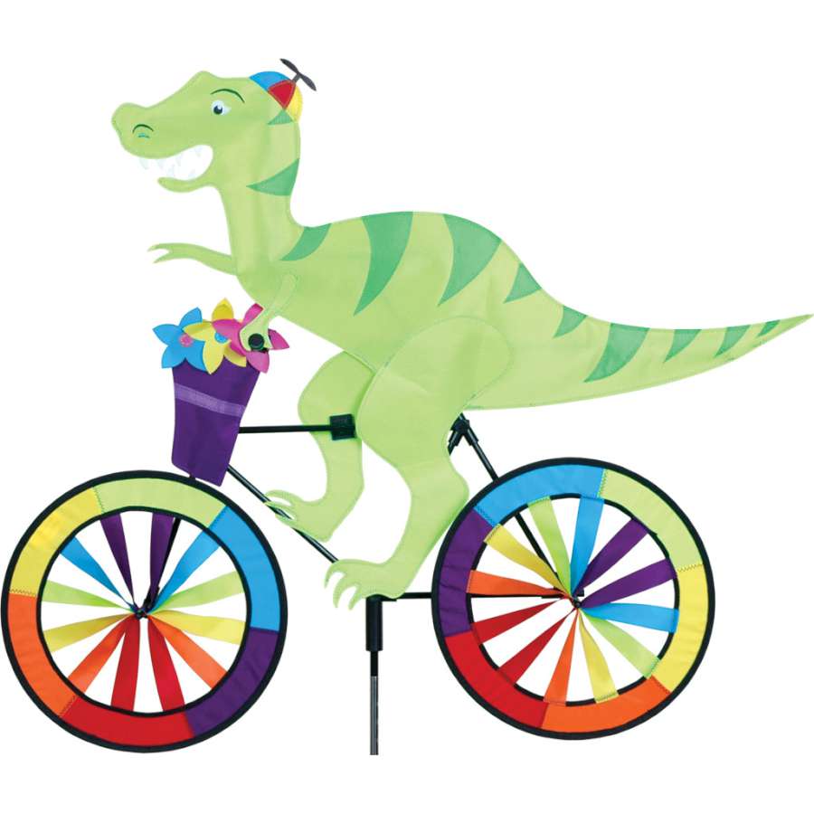 30 in. Bike Spinner featuring T-Rex design attached to a bike, beautifully displayed outdoors with bright colors spinning in the wind.