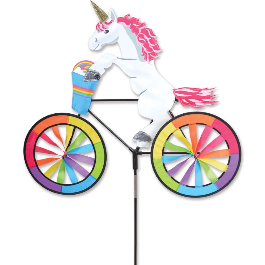 30 in. Bike Spinner - Unicorn with vibrant six-panel design displayed on a bike, showcasing colorful movement in an outdoor setting.