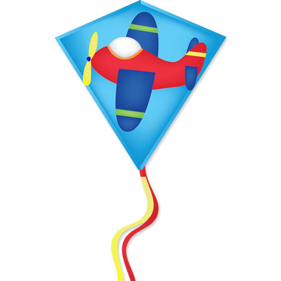 30 in. Diamond Kite featuring vibrant stained glass applique design, flying in a clear blue sky during a sunny outdoor day.