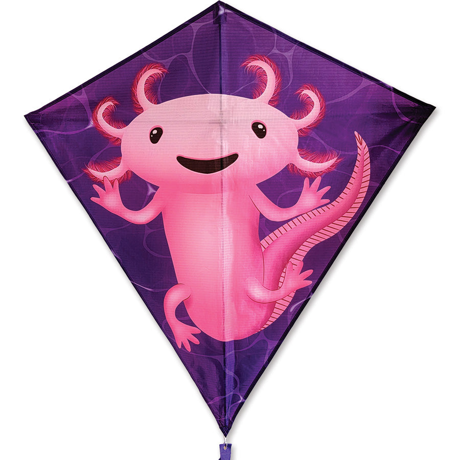 30 in. Diamond Kite featuring an axolotl design flying in a clear blue sky with vibrant colors, displayed against a green landscape.