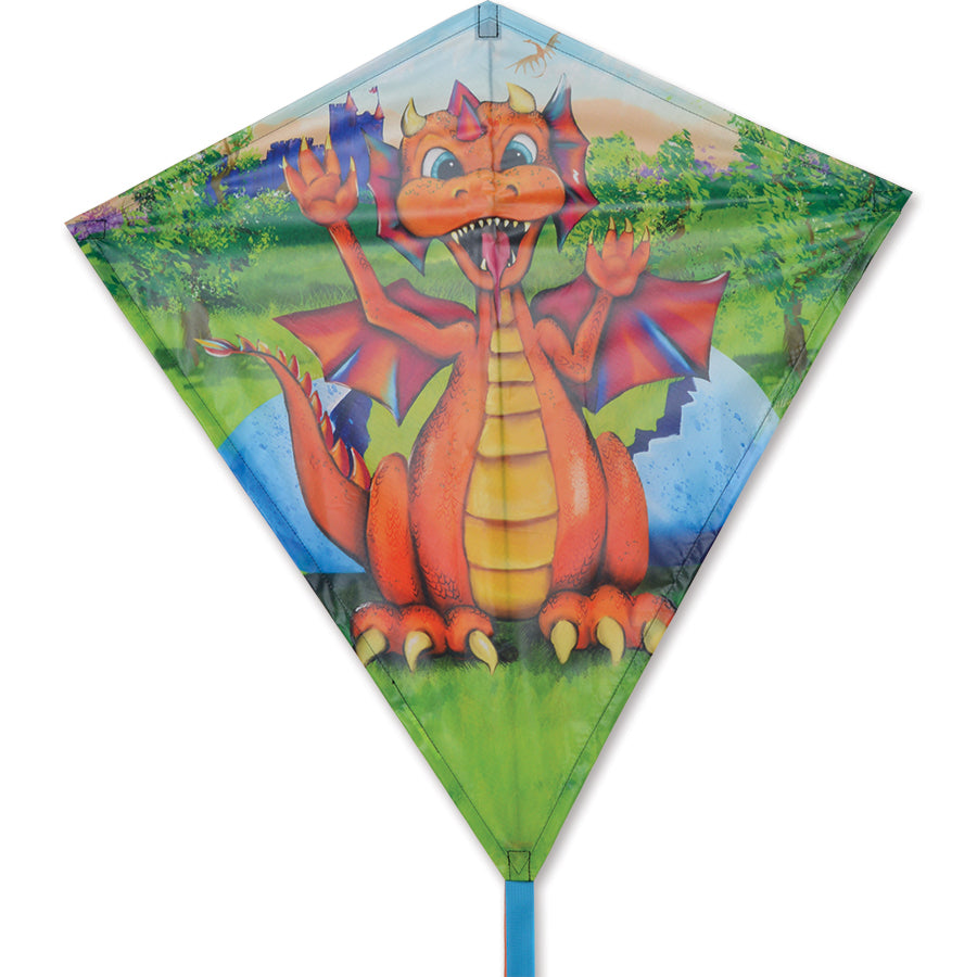 30 in. Diamond Kite - Baby Dragon featuring colorful graphics and a sturdy frame, displayed in a clear blue sky during flight.