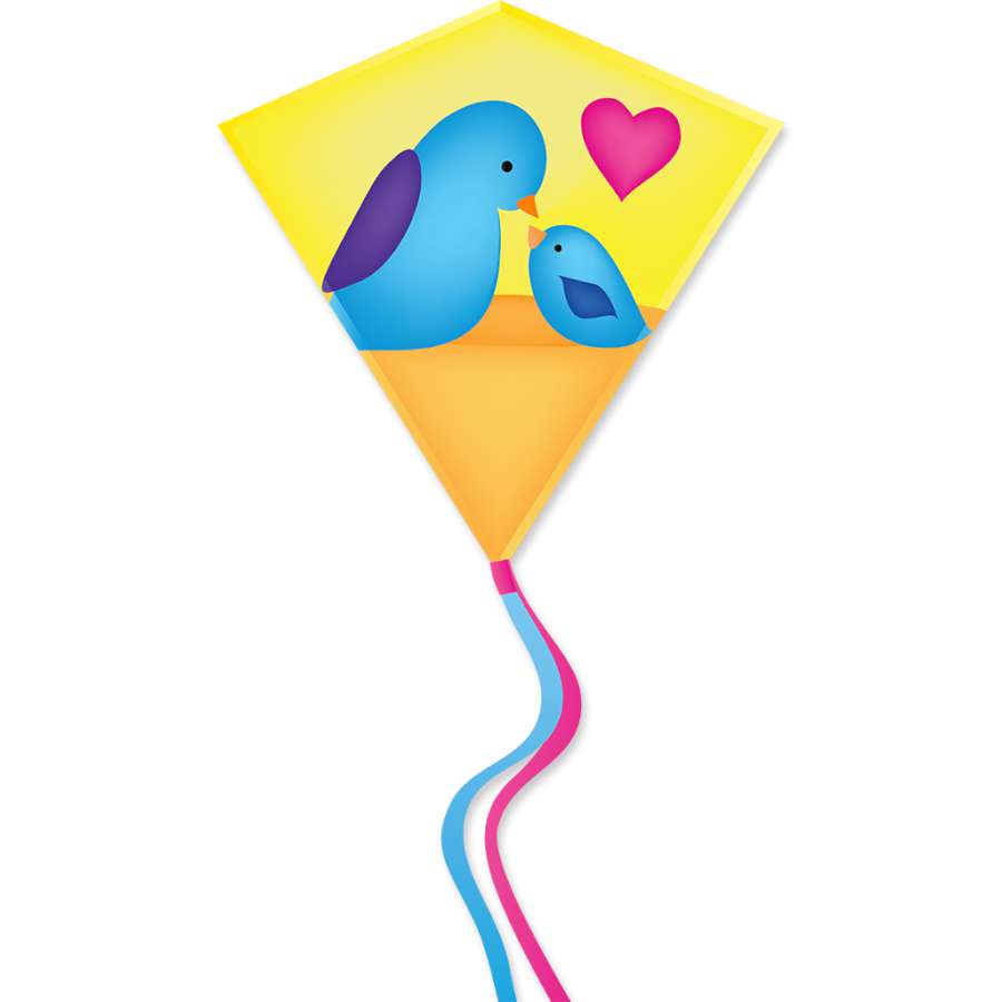 30 in. Diamond Kite featuring a colorful bird design, showcased in a blue sky during flight over a grassy park area.
