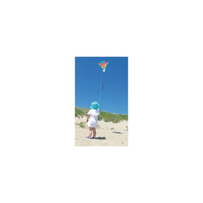 30 in. Diamond Kite with a Brilliant Butterfly design gracefully soaring in the sky, showcasing its colorful graphics and tail.