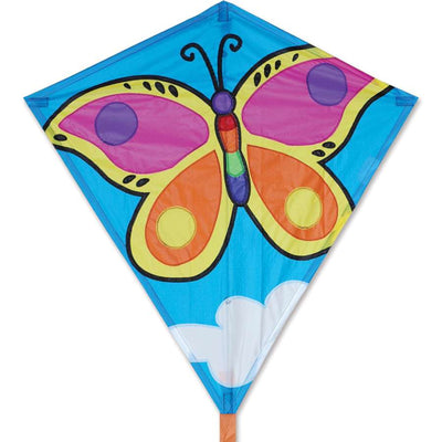 30 in. Diamond Kite with a Brilliant Butterfly design gracefully soaring in the sky, showcasing its colorful graphics and tail.