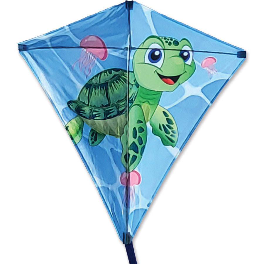 Cute sea turtle design on a 30 in. Diamond Kite, made of durable ripstop polyester, ready for vibrant outdoor flights and family fun.