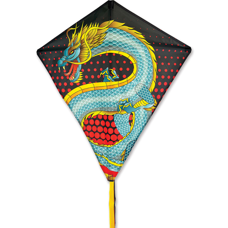 30 in. Diamond Kite with fierce dragon design soaring in the sky, showcasing bright colors and sturdy construction for outdoor fun.