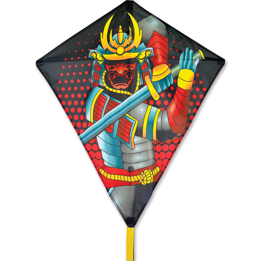 30 in. Diamond Kite - Fierce Warrior with colorful graphics flying high against a bright blue sky, showcasing a family enjoying outdoor fun.
