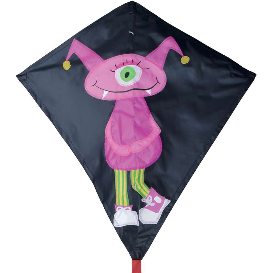 30 in. Diamond Kite - Girl Monster showcasing colorful monster graphics soaring in a bright blue sky on a sunny day.