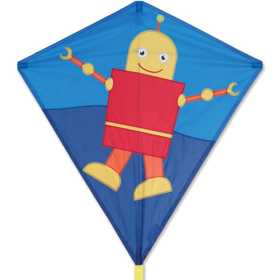30 in. Diamond Kite - Happy Robot with colorful robot design flying in a clear blue sky during daytime.