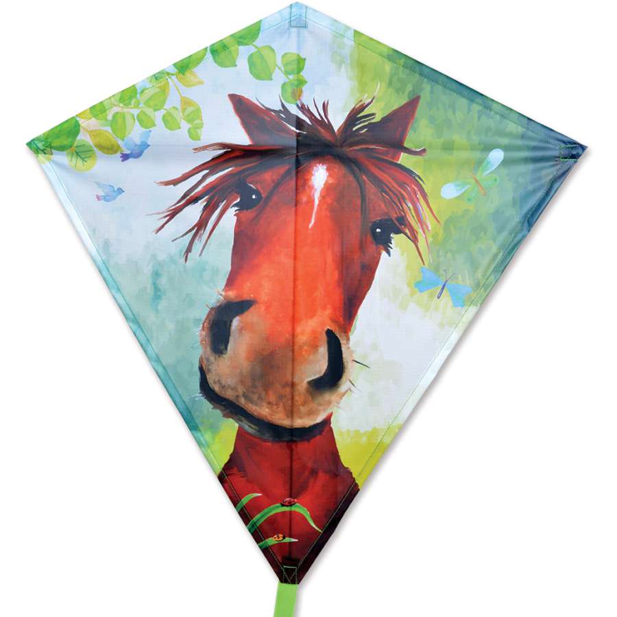30 in. Diamond Kite featuring Horace Horse design, soaring in a clear blue sky, with its colorful tail fluttering in the wind.