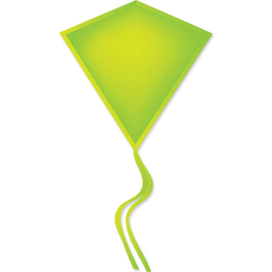 30 in. Diamond Kite in vibrant neon green soaring in the sky against a blue backdrop, showcasing its classic diamond shape and durable materials.