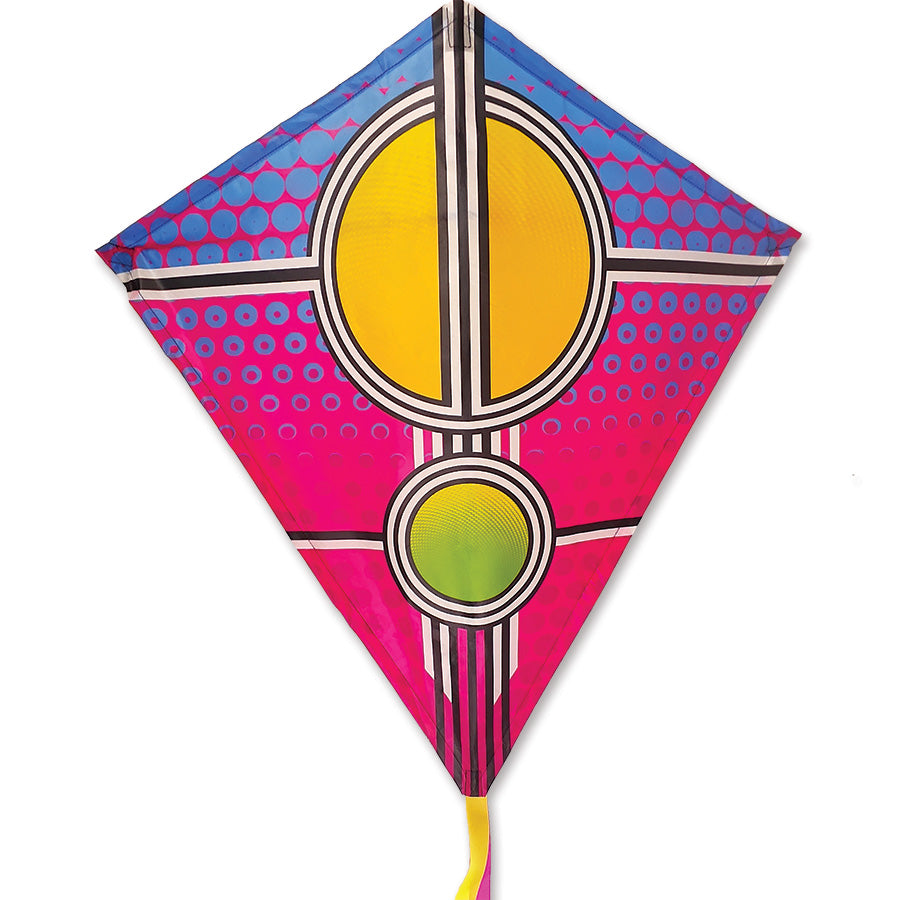 30 in. Diamond Kite in Neon Sport Fuschia soaring in a bright blue sky, showcasing its whimsical graphics and sturdy design.