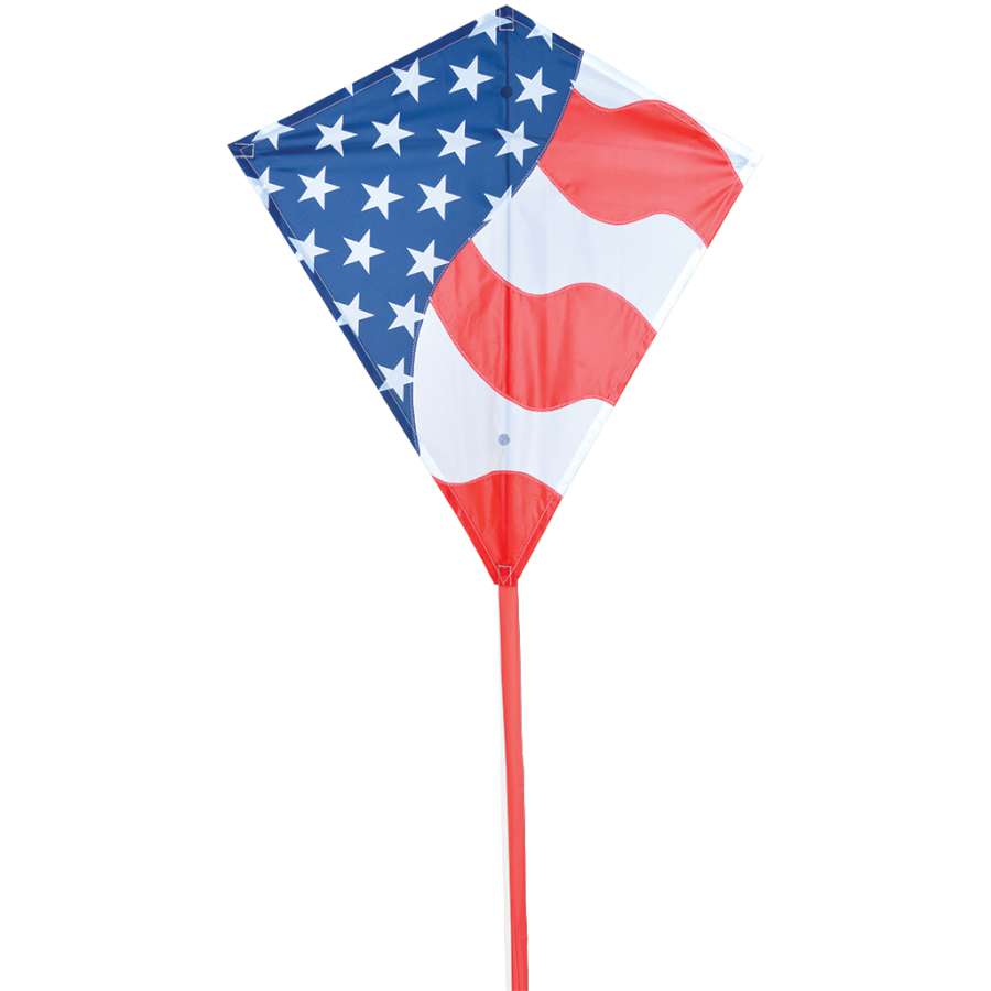 30 in. Diamond Kite with colorful whimsical graphics and tails flying against a clear blue sky, perfect for outdoor activities.