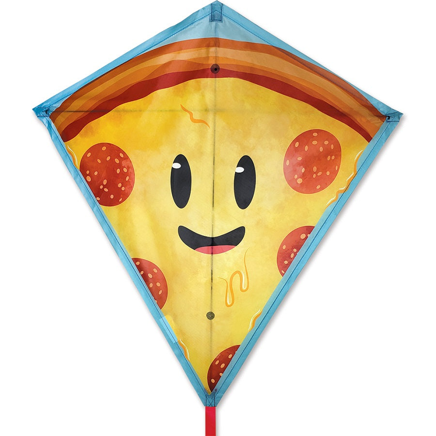 Vibrant 30 in. Diamond Kite featuring a pizza design soaring high against a clear blue sky on a sunny day.
