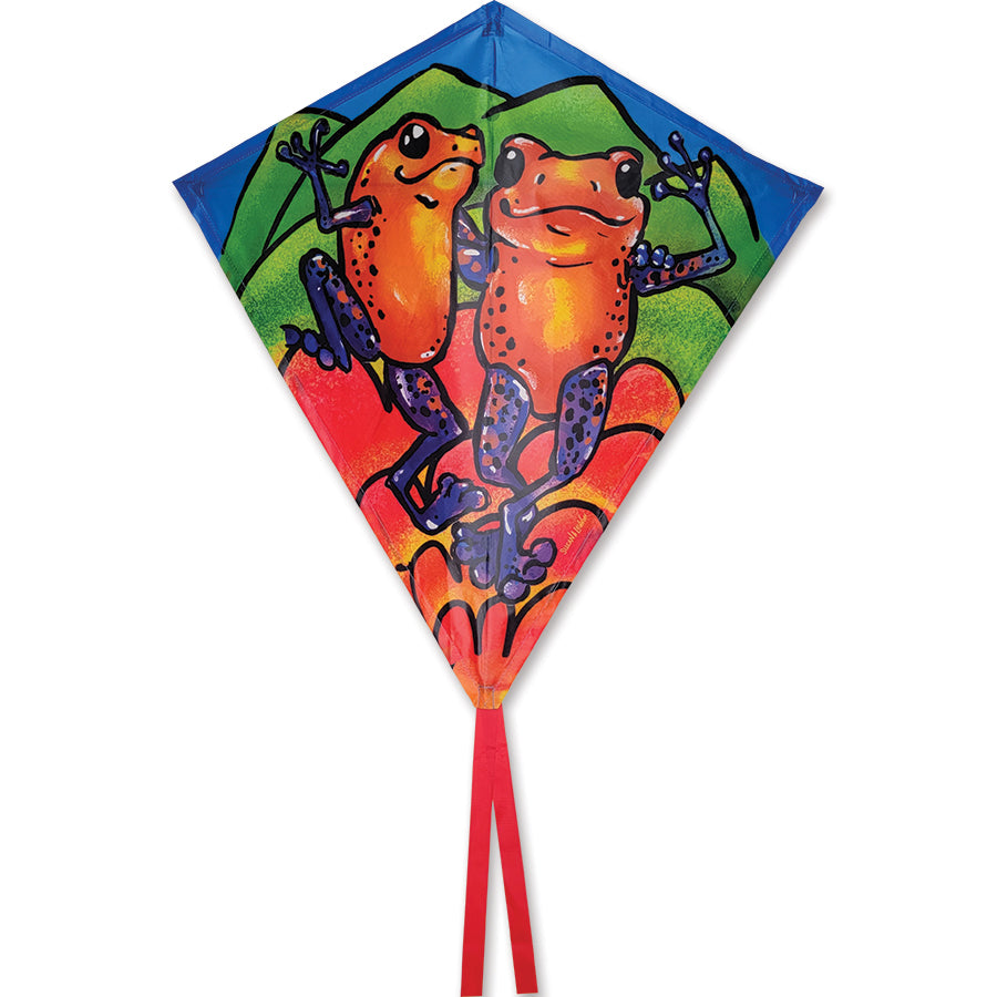 30 in. Diamond Kite with colorful Poison Dart Frogs design, flying high in a clear blue sky during an outdoor picnic.