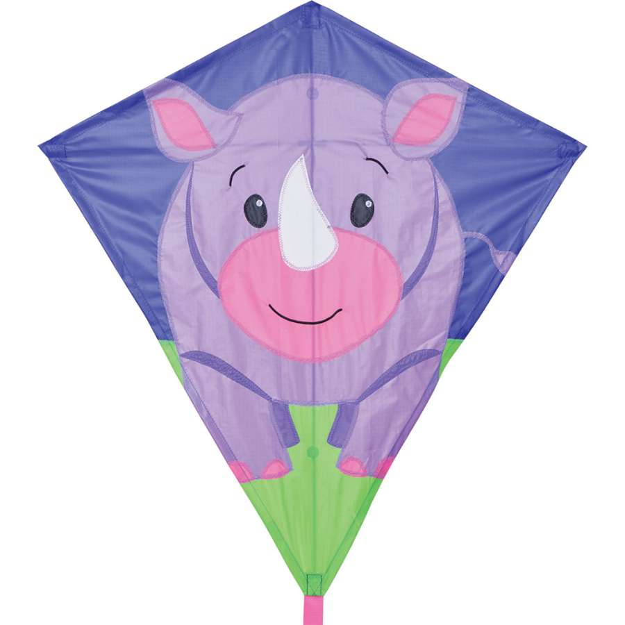 30 in. Diamond Kite - Riley Rhino flying high in the sky, showcasing colorful design and tail against a clear blue backdrop.