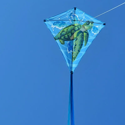30 in. Diamond Kite - Sea Turtle soaring against a clear blue sky, showcasing its vibrant sea turtle design and sturdy frame.