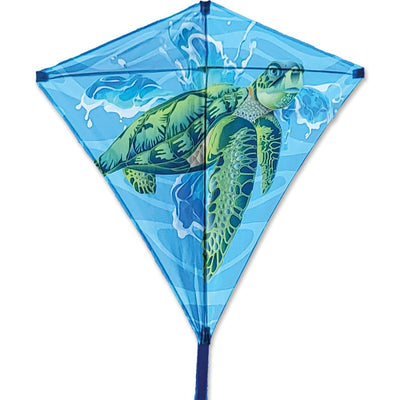 30 in. Diamond Kite - Sea Turtle soaring against a clear blue sky, showcasing its vibrant sea turtle design and sturdy frame.