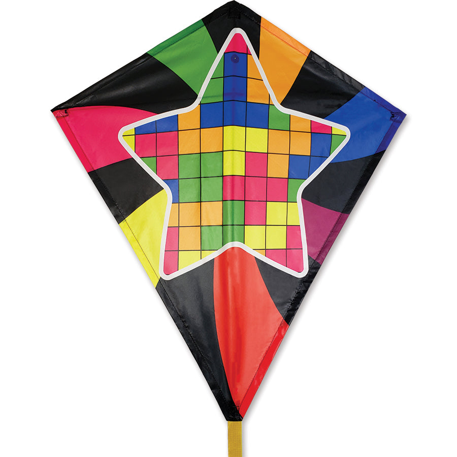 Colorful 30 in. Diamond Kite - Star Blocks soaring against a blue sky, showcasing vibrant graphics and a tail.