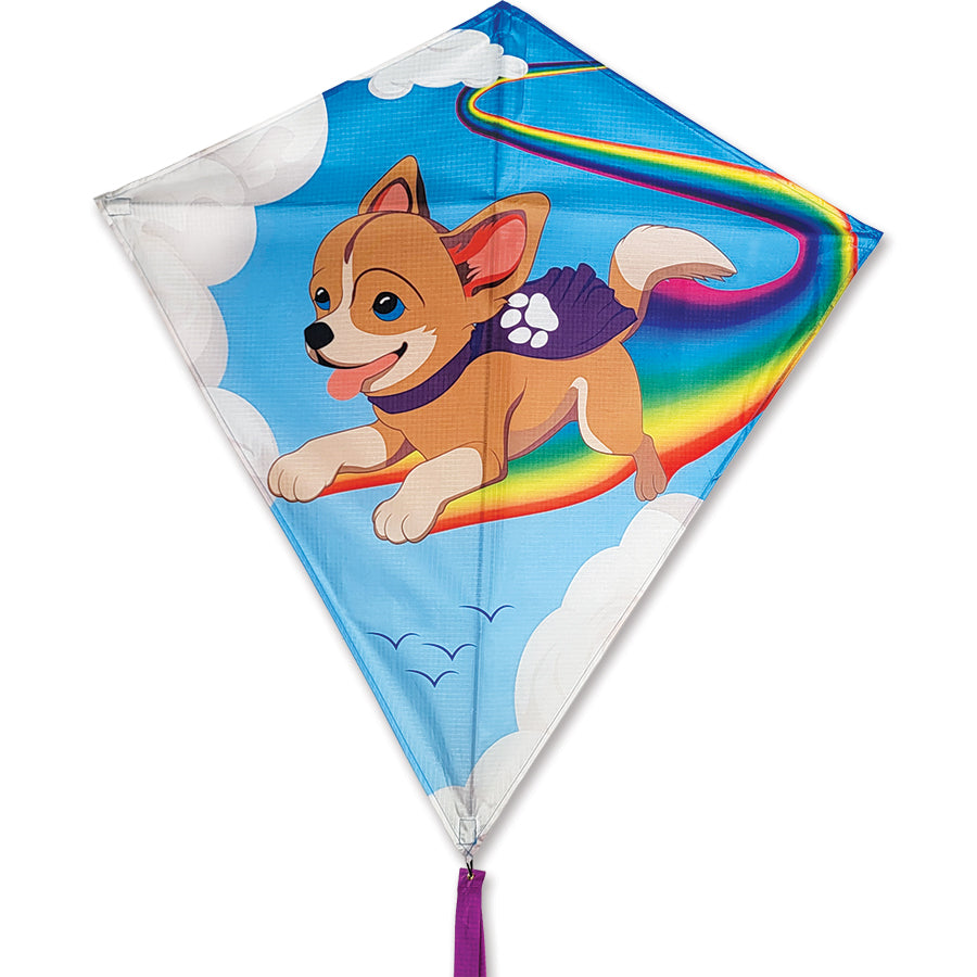 30 in. Diamond Kite - Super Puppy in vivid colors, soaring against a clear blue sky with a whimsical puppy design, showcasing its joyful spirit.
