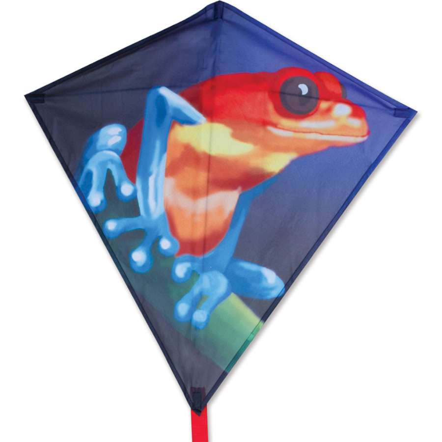 30 in. Diamond Kite featuring a vibrant Tropical Frog design flying high in a clear blue sky, showcasing its colorful prints and durability.