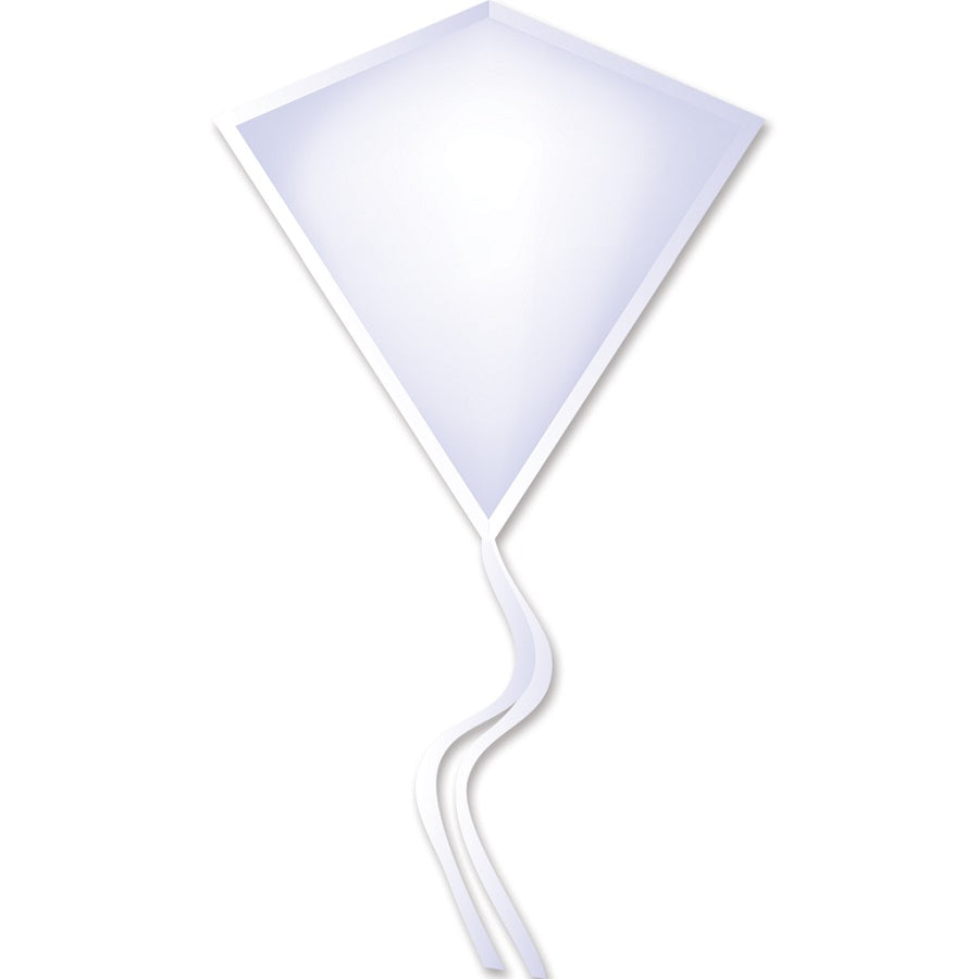 30 in. Diamond Kite in white soaring through a clear blue sky, showcasing its classic shape and applique design during outdoor play.