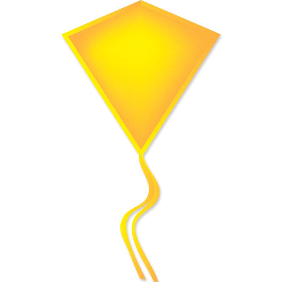 30 in. Diamond Kite in bright yellow soaring high against a blue sky, made of durable rip-stop polyester and fiberglass frame.