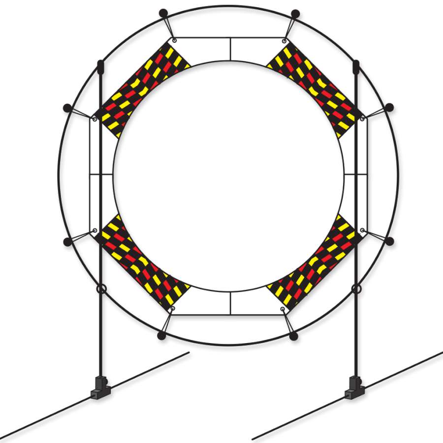 30 in. Mini Keyhole FPV Racing Air Gate showing a vibrant multi-colored fabric design and sturdy fiberglass frame, perfect for micro drones.