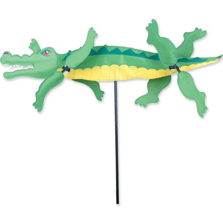 30 in. WhirliGig Spinner featuring an alligator design, spinning in the breeze in a colorful garden setting.