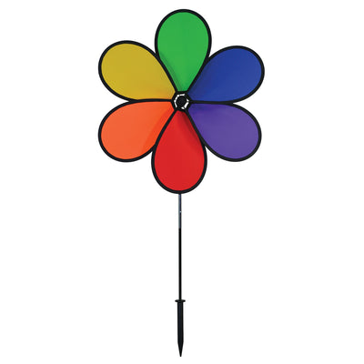 Large 30-inch 6-Petal Rainbow Flower spinner in vibrant colors displayed in a garden setting, spinning gently in the breeze.