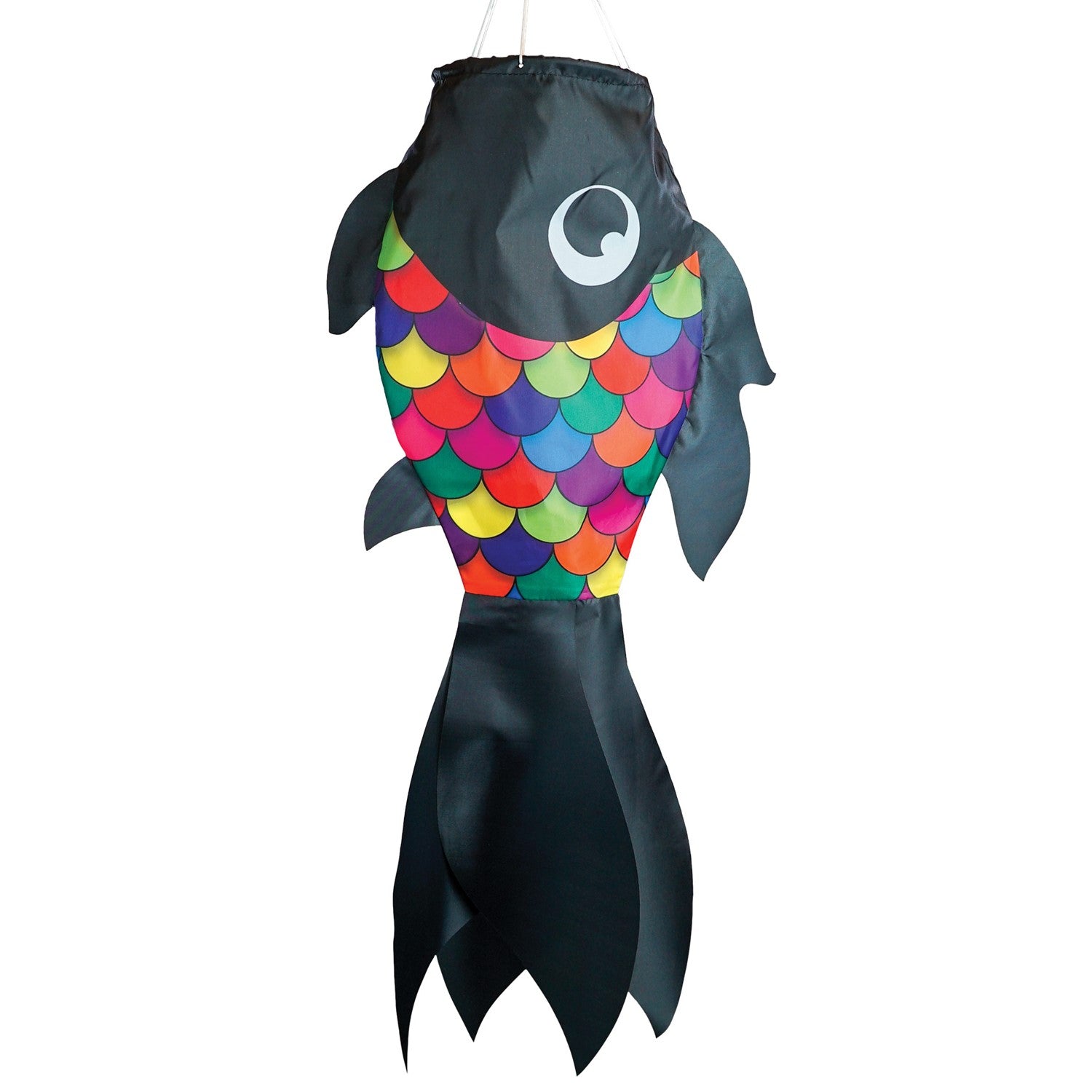 30-inch Black & Rainbow Damsel Fish Windsock swaying in a gentle breeze, featuring flowing fins and colorful design suitable for outdoor decor.