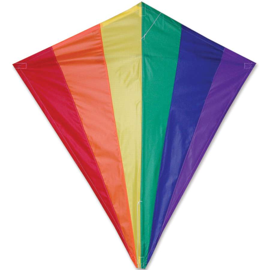 30-inch Rainbow Diamond Kite in vibrant colors resting on grass, showing its whimsical tail and sturdy design against a blue sky.