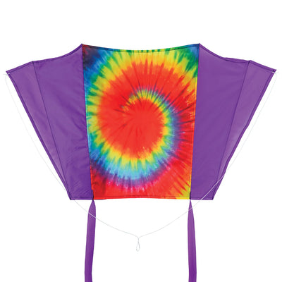 30-inch Tie Dye Sled Kite with purple tails soaring in a clear blue sky, showcasing its vibrant colors and user-friendly design for outdoor fun.