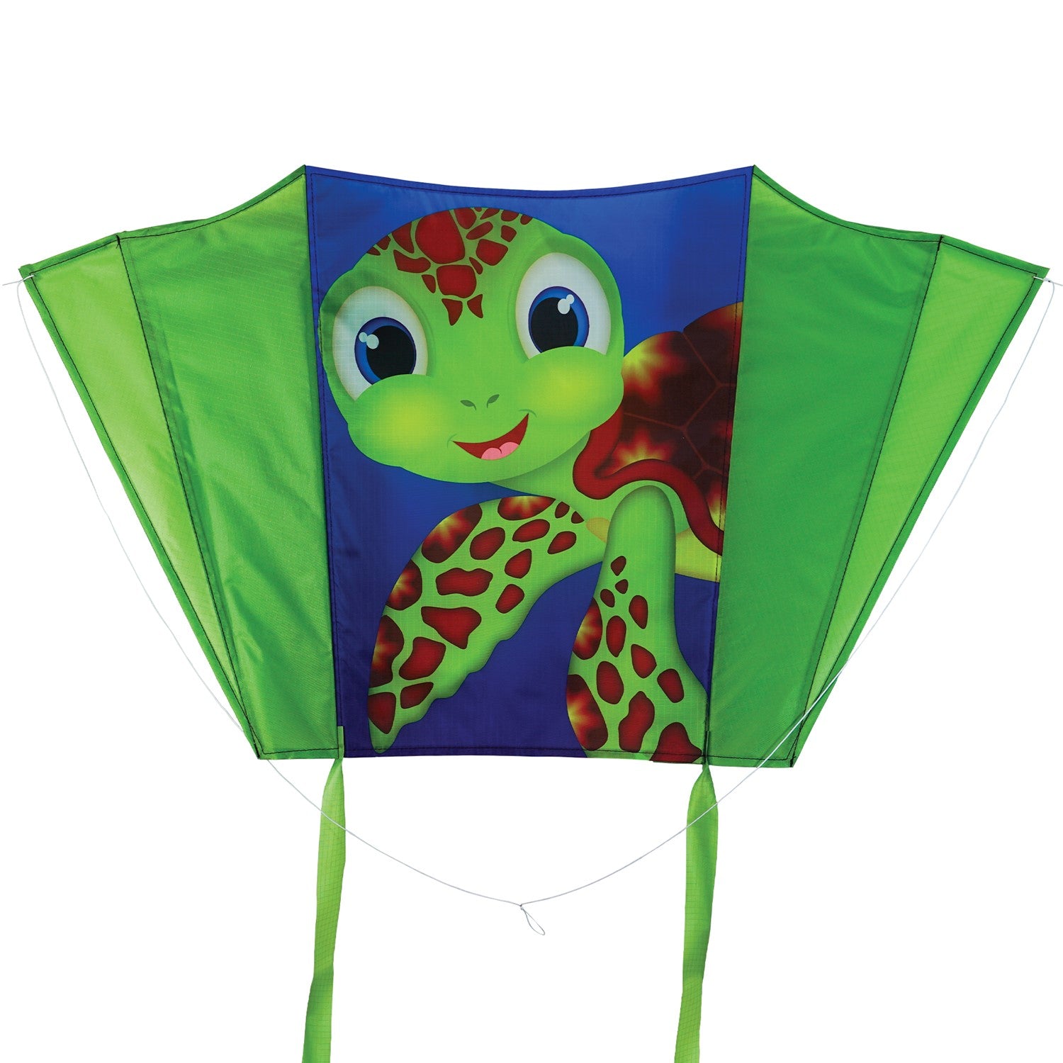 30-inch Turtle Sled Kite flying high in the sky with vibrant turtle design and green tails, perfect for beach or park use.