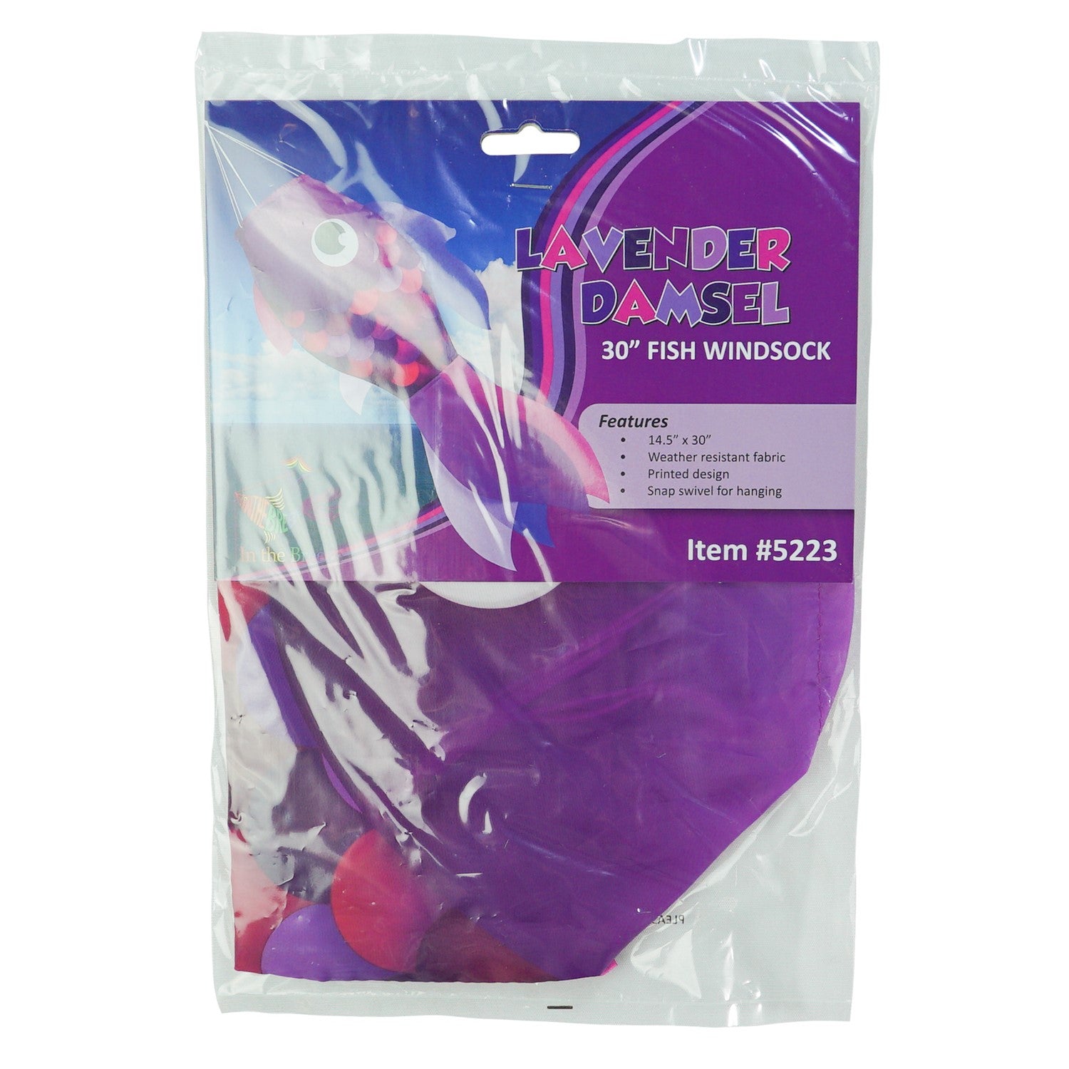 30" Lavender Damsel Fish wind sock with vibrant lavender coloration and free-flowing fins displayed outdoors in a garden setting.