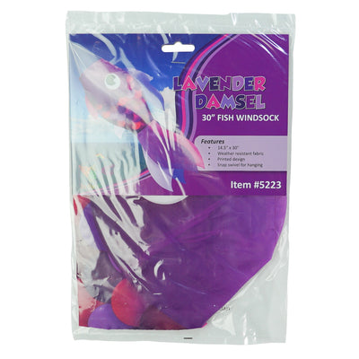 30" Lavender Damsel Fish wind sock with vibrant lavender coloration and free-flowing fins displayed outdoors in a garden setting.