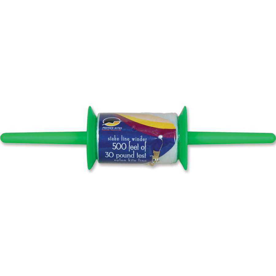 30 lb./500 ft. kite line with stake winder, featuring a robust design and snap swivel, displayed ready for use outdoors.