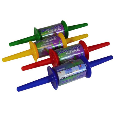 30 LB x 500' twisted kite line on spool, featuring durable twisted polyester, snap swivel, and vibrant colored spools for stylish outdoor flying.