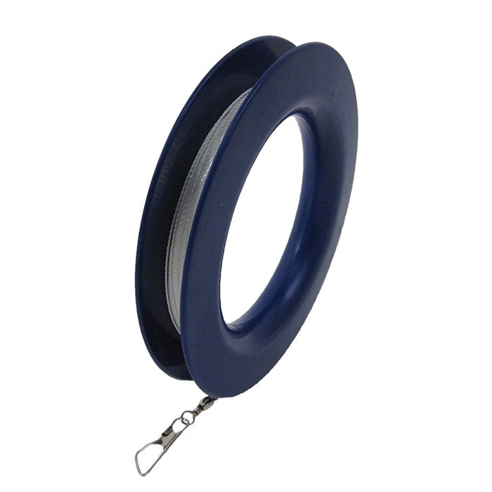 30 LB x 300' twisted polyester kite line on a blue hoop, featuring a snap swivel, perfect for reliable kite flying.