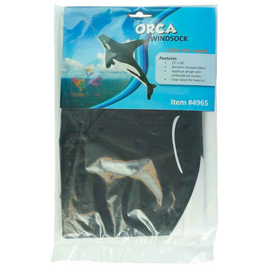 30-inch Orca Windsock featuring a killer whale design, displayed outdoors, swaying gently in the breeze against a clear sky.