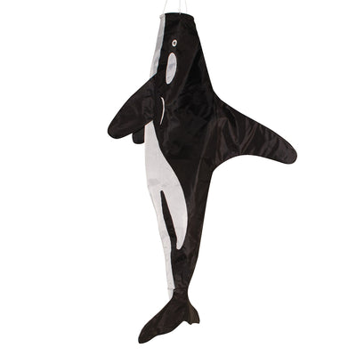 30-inch Orca Windsock featuring a killer whale design, displayed outdoors, swaying gently in the breeze against a clear sky.