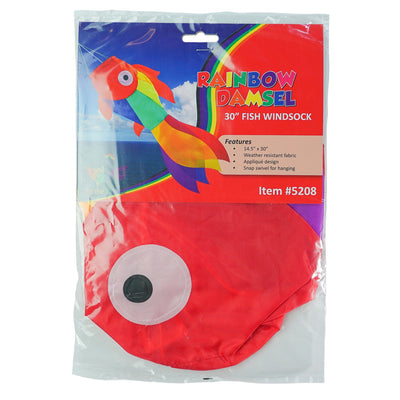 30" Rainbow Damsel Fish Windsock features colorful applique design, strong construction, and a lively presence, perfect for any outdoor decoration theme.