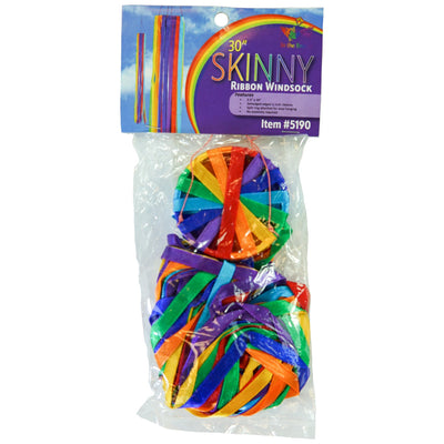 30-inch Skinny Ribbon Windsock featuring shiny rainbow satin ribbons arranged around a durable hoop, elegantly swaying in the breeze.