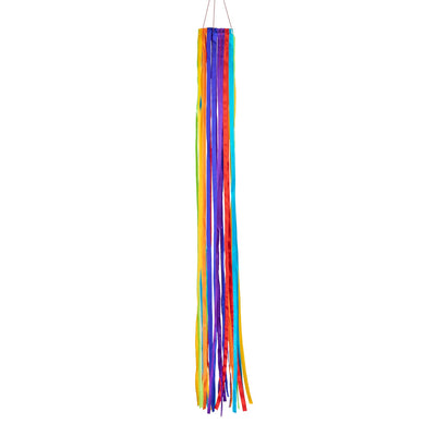 30-inch Skinny Ribbon Windsock featuring shiny rainbow satin ribbons arranged around a durable hoop, elegantly swaying in the breeze.