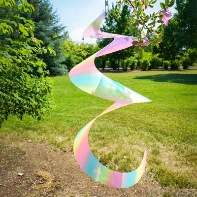30" Striped Iridescent Twister Tail with vibrant colors and rotational design, gracefully spinning in the breeze and enhancing outdoor aesthetics.