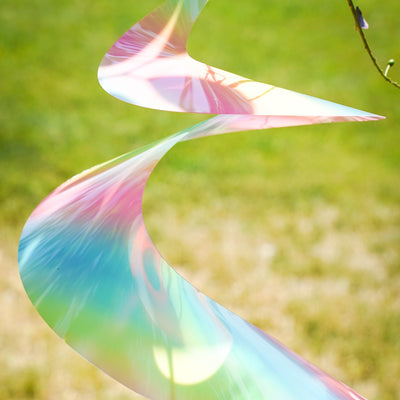30" Striped Iridescent Twister Tail with vibrant colors and rotational design, gracefully spinning in the breeze and enhancing outdoor aesthetics.