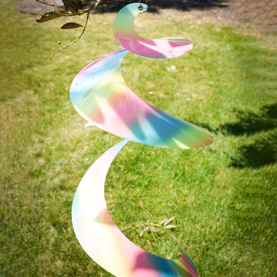 30" Striped Iridescent Twister Tail with vibrant colors and rotational design, gracefully spinning in the breeze and enhancing outdoor aesthetics.