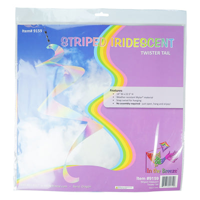30" Striped Iridescent Twister Tail with vibrant colors and rotational design, gracefully spinning in the breeze and enhancing outdoor aesthetics.
