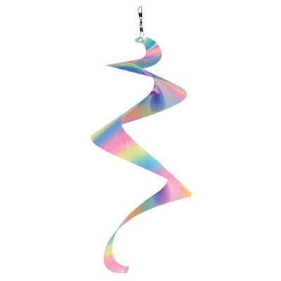 30" Striped Iridescent Twister Tail with vibrant colors and rotational design, gracefully spinning in the breeze and enhancing outdoor aesthetics.